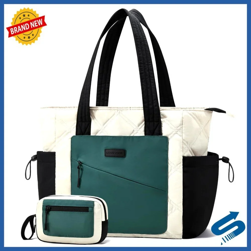 Lightweight Quilted Tote Bag with Luggage Strap, Multiple Pockets